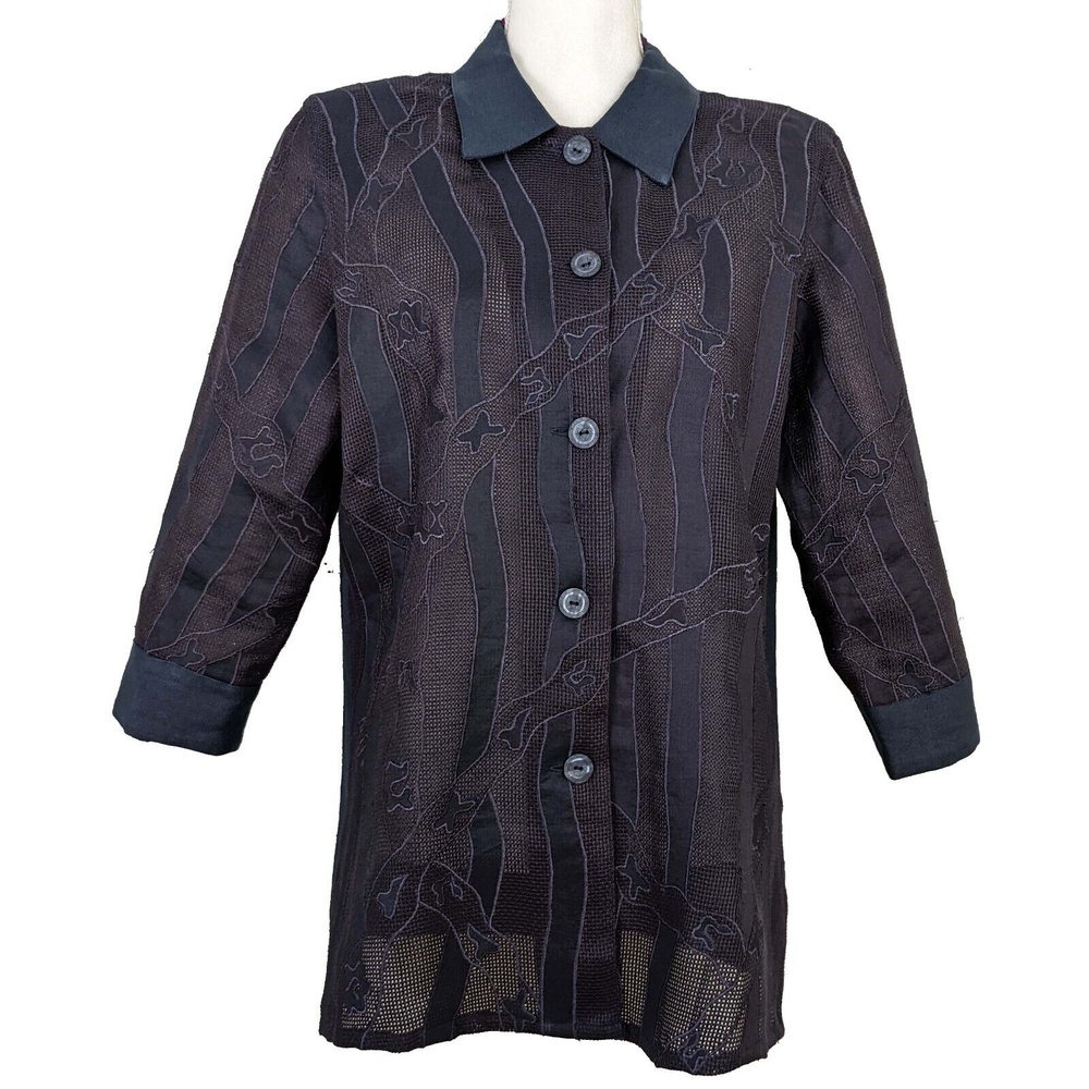 Ann Gerlin Womens 12 Blue Linen Mesh Applique Button Front Top